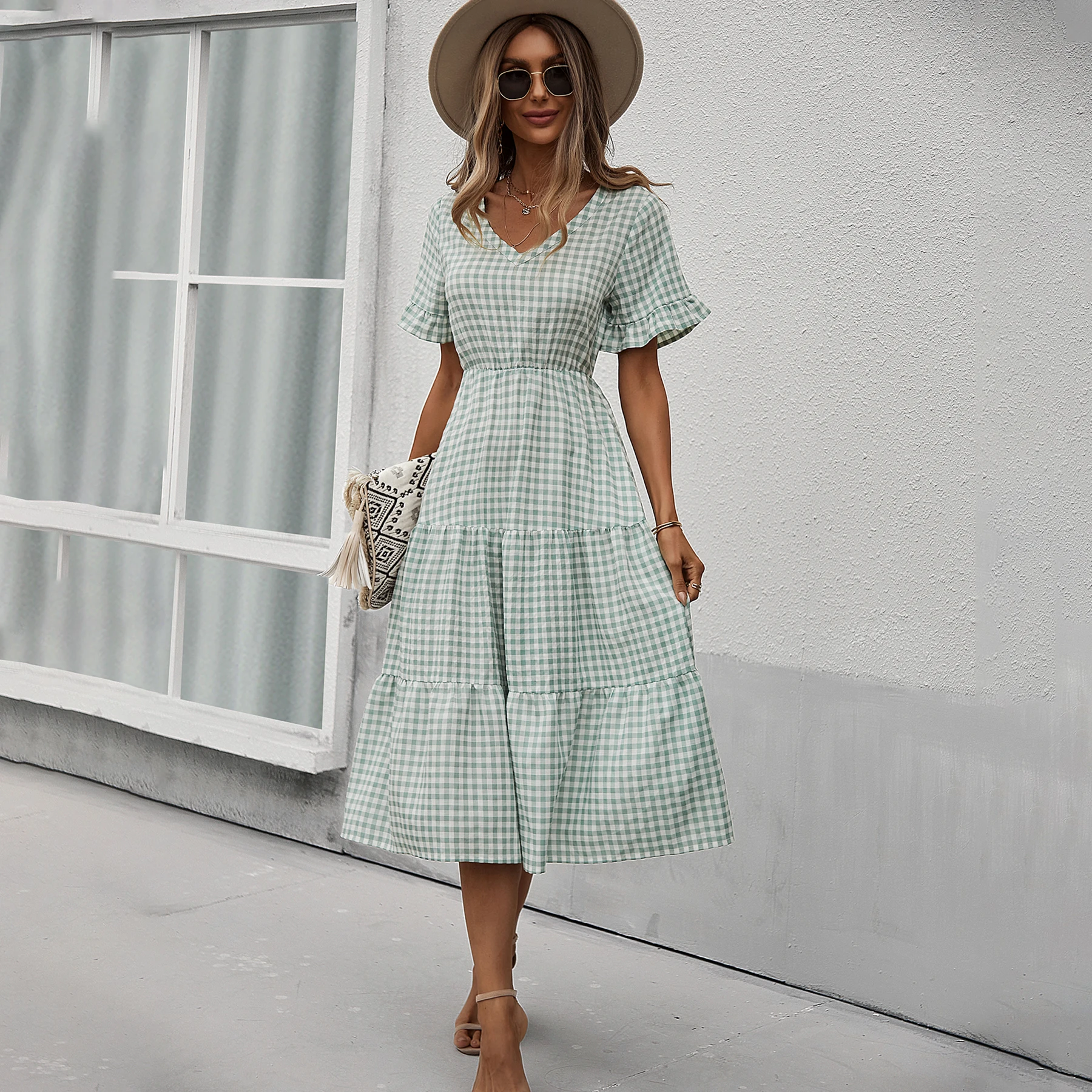 

Jastie Boho Plaid Print Summer Women Long Dress V-Neck Ruffle Sleeve Loose Hem Casual Dresses High Waist Holiday Vestidos 2022