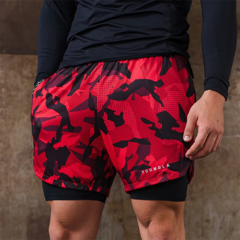 

2022 Summer New Camouflage Men's Short Double Layer 2 in 1 Fashion Fitness Sports Pants Multi Pocket Sports Shorts