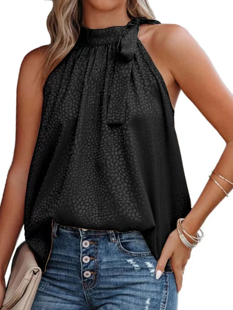 Женские атласные майки без рукавов с бантом на шее пляжные топы принтом для лета |