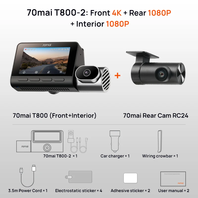 

70mai Видеорегистратор 4K T800 3-канальный HDR Суперконденсатор Передняя Задняя Кабина Запись GPS Автомобильный Видеорегистратор 70mai T800 24H Парковочная Защита Поддержка 4G