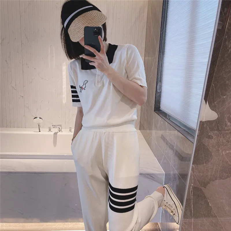 tb college style puppy embroidery hit color four-bar polo collar t-shirt ice silk knitted short-sleeved + leggings suit summer
