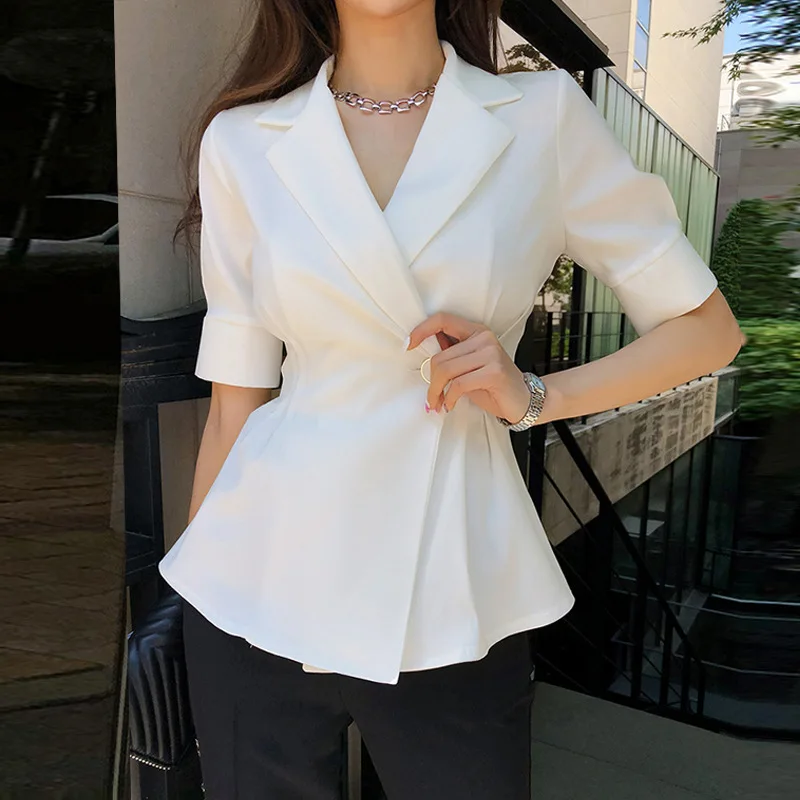2021 Summer Ladies Elegant Temperament Short Pleated Short-sleeved Slim Single Button Fashion Small Suit Ladies Women Clothing