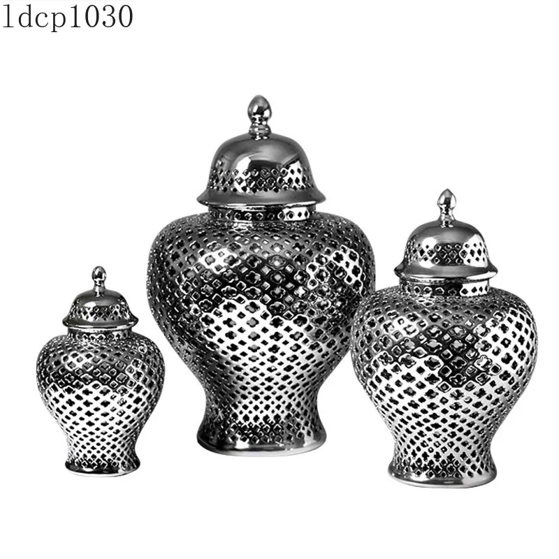 

European-style Silver-plated Ceramic Ginger Jar with Lid Hollow Storage Jar Handicraft Ornaments Home Decoration Accessories