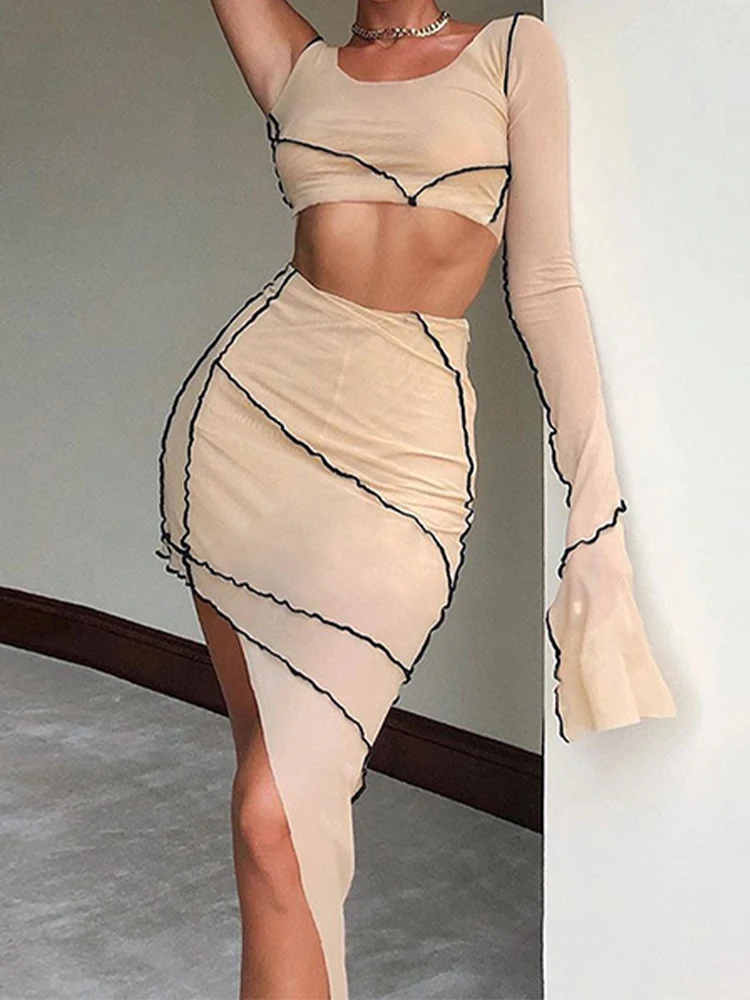 

Sexy Contrast Asymmetric Mesh 2 Piece Matching Set Clubwear Single Flared Sleeve U Neck Crop Top+Mini Skirts See-through Clothes