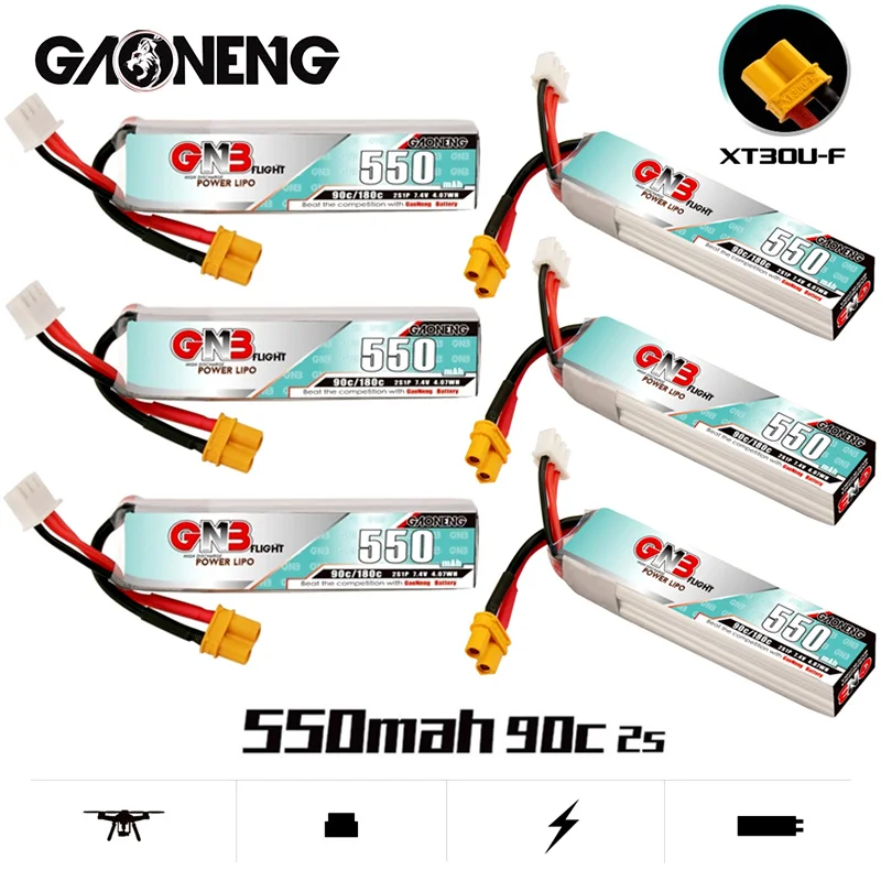 

1-10PCS GNB 2S 7.4V 550mah 90C/180C HV LiPo Battery XT30U-F Plug for TINY8X Blade Inductrix FPV QX2 120S Beta75S BetaFPV Drone