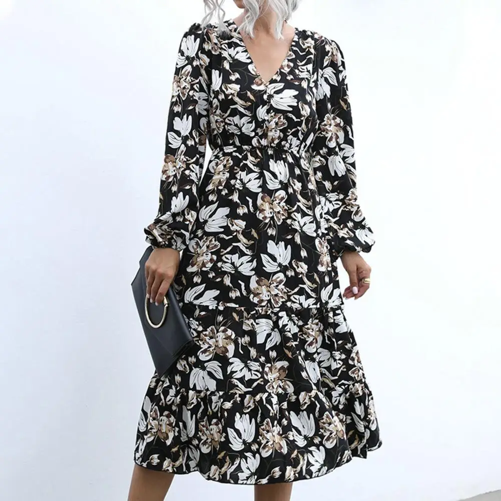 

Long Dress Loose Lady Dress Elegant A-Line Floral Print Long Dress