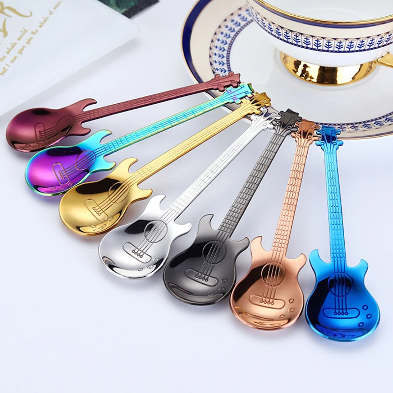 

7 Colors Home Stainless Steel Guitar Shape Spoon Spoon Teaspoon Coffee Tea Soup Dessert Tableware Kitchen Dining Bar Tools