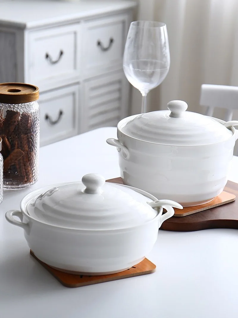 

1.2L 2.2L Ceramic Soup Pot Nordic White Pure Color Round with Cover Bowl Tableware Household Kitchen Supplies Cooking Utensils