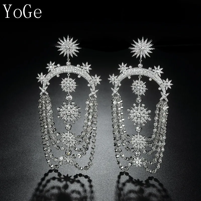 

YoGe Luxury AAA CZ Stars Shaped Big Long Drop Earring HEAVY Jewelry for Women