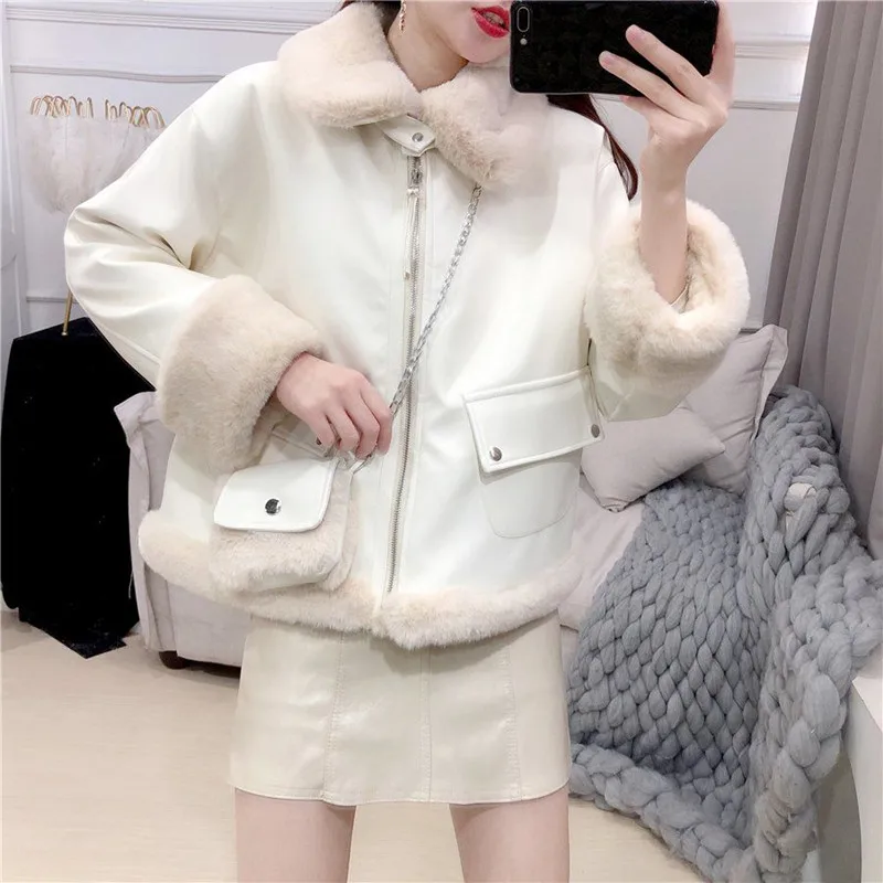M GIRLS Thick Winter Warm Faux Leather Jacket Long Fur Collar Patchwork Coat Women Pu Leather Jackets Female Fashion With Bag