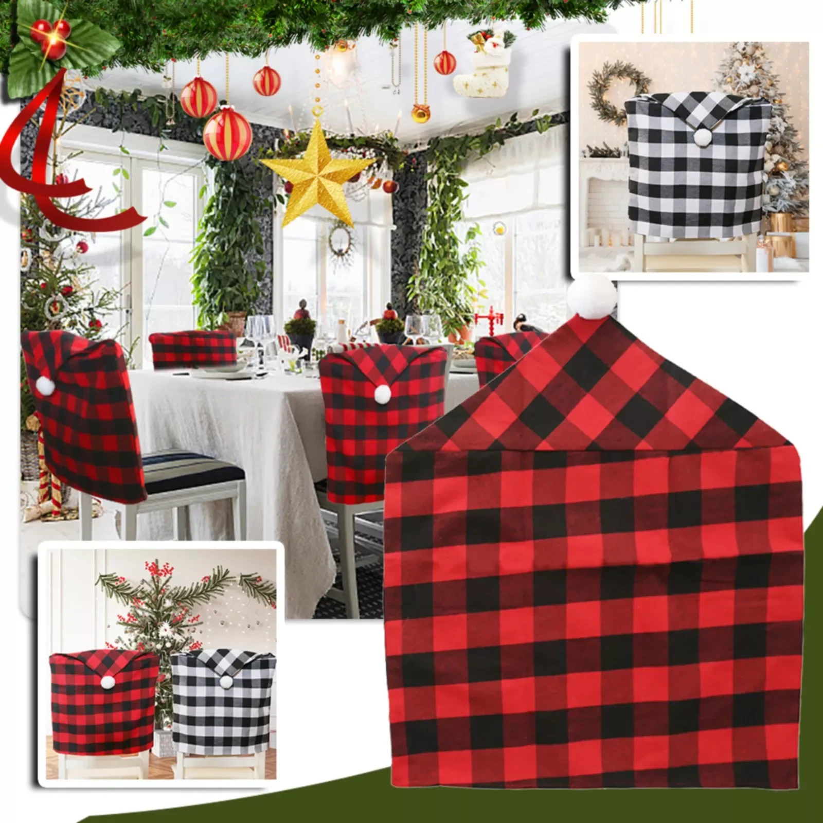 

Merry Christmas Decorations Red Black Plaid Chair Back Cover Car Seat Cushion Neck