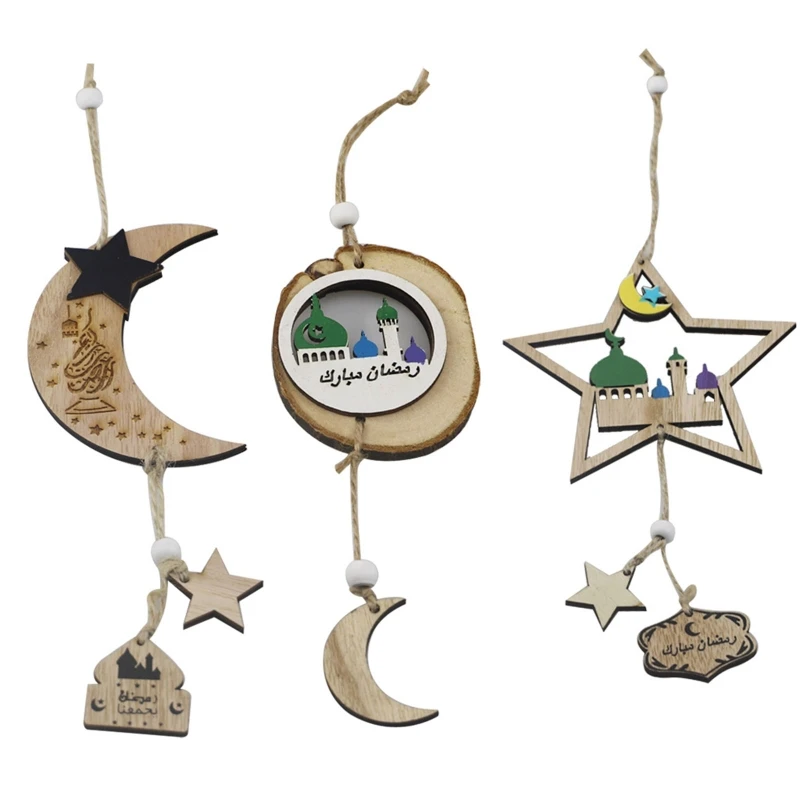 

Wooden Eid Mubarak Pendant Wood Moon Star Hanging Ornament Crafts