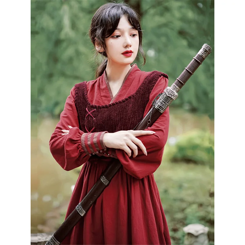 New Hanfu Chinese Style Han Elements Chivalry Ancient Dress Two-piece Set Autumn Dress Daily Can Wear Red Modified Dress