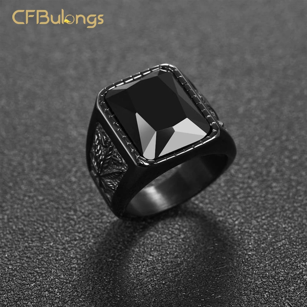 

CFBulongs Punk Style Men Square Red Black Big Zircon Ring 316L Stainless Steel Fashion Couple Ring Hip Hop Jewelry Party Gift