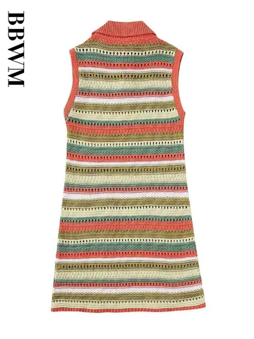 Striped Knit Dresses Women Sleeveless Lapel Dress 2023 Woman Knitted Mini Dress Vintage Summer Beach Dress Chic Female