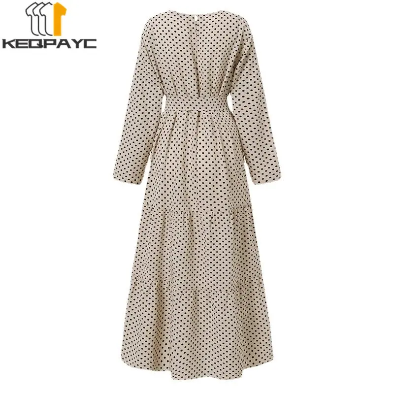 Muslim Women Dubai Abaya Long Dress Kaftan Islam Arab Elegant Dot Print Loose Dresses with Belt Robe Middle East Eid Clothing