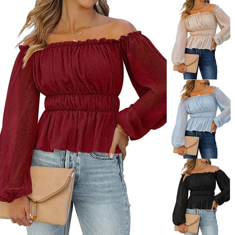 

Женская шифоновая блузка с длинными рукавами-фонариками и оборками