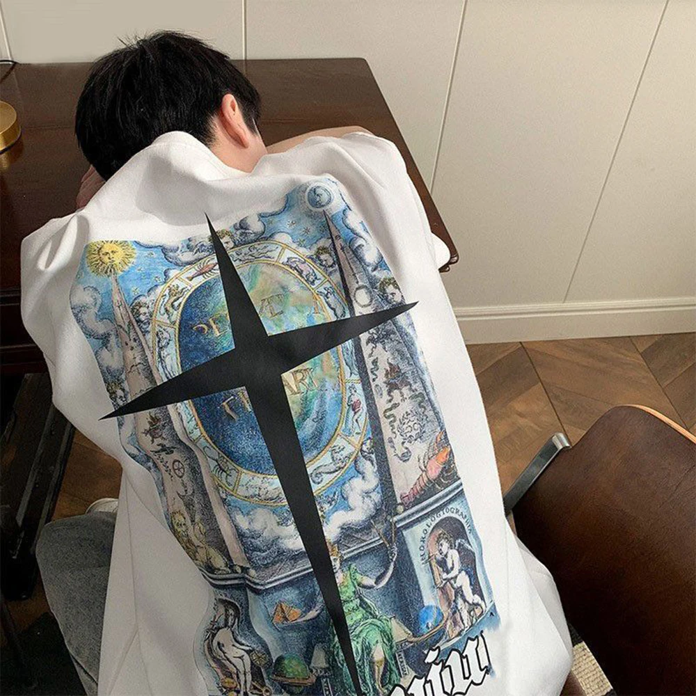 

Pure Cotton Short-sleeved Men's Cross T-shirt Oil Painting Printing Casual All-match Loose Fashion Couple Half-sleeved Top