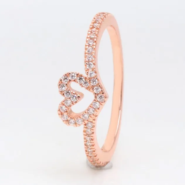 

Authentic 925 Sterling Silver Wish Sparkling Wishbone Rose Heart Ring For Women Wedding Party Gift Europe Fashion Jewelry