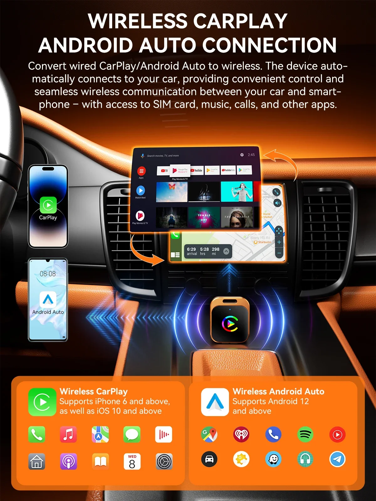 Фото Беспроводной адаптер Calebe 2-в-1 для CarPlay и Android Auto, USB/USB-C, Bluetooth 5.0, Wi-Fi, для умных автомобильных систем №3
