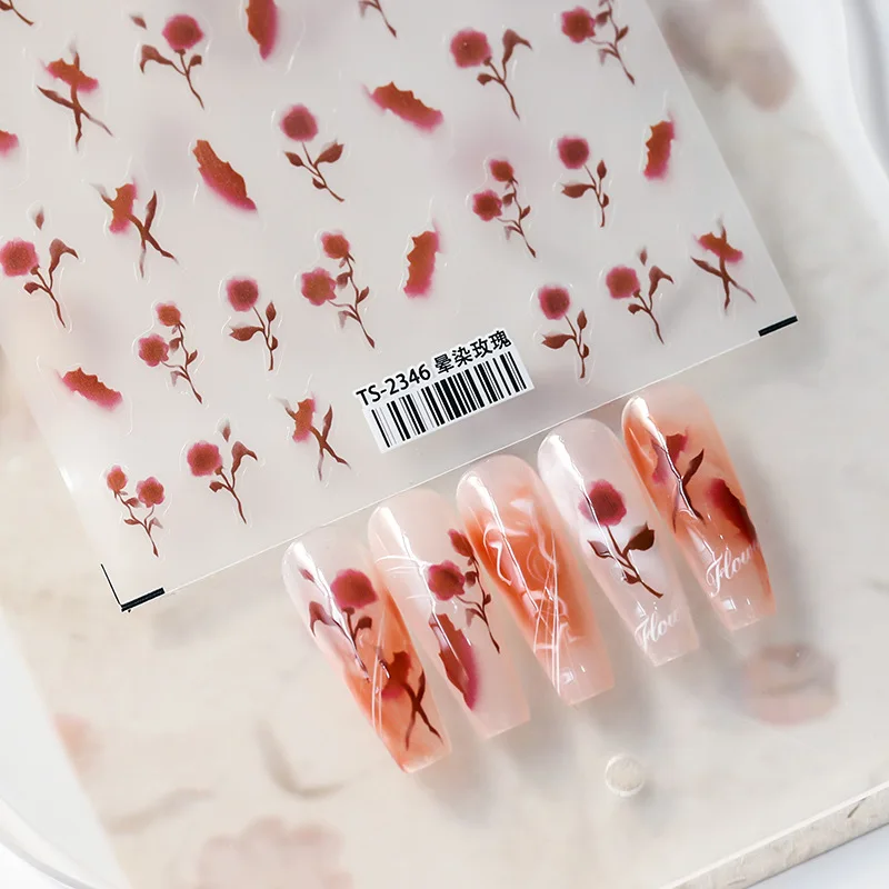 

1 Sheet Realistic Hazy Beautiful Halo Dyeing Red Rose Flowers Adhesive Nail Art Stickers Decals Manicure Ornaments Accessories