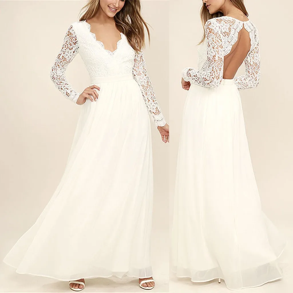 

Boho Dresses For Women 2023 Lace Beach V-neck Backless Long Sleeve Gowns Dresses For Women Cocktail White Party Dresses Vestidos