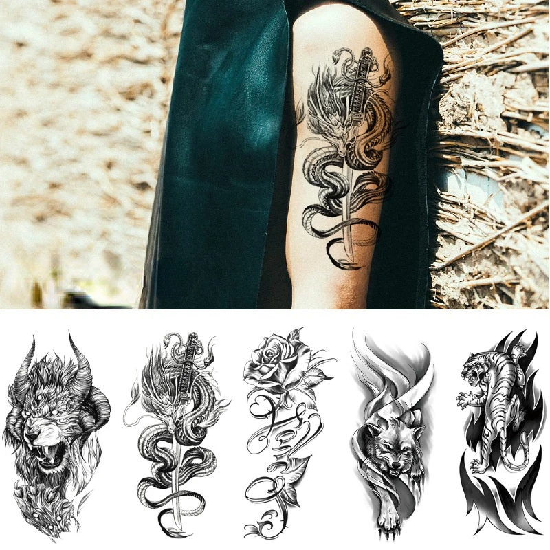 

Waterproof Tattoo Stickers Animal Tatoo Sticker Flying Dragon Wolf Head Tiger Dream Catcher Fake Tatto Body Art Makeup Stickers