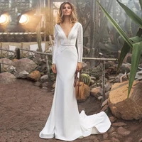 lace long sleeve mermaid wedding dresses 2021 v neck elegant bridal gown for women satin floor length robe de mariee summer