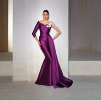 charming grape satin elegant dress women for wedding party flower and long sleeve pleat mermaid mother of the bride dress 2022