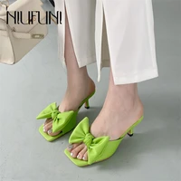 2022 summer new dress shoes stiletto womens slippers square toe bow silk suede outdoor slides simple slip on women shoes muller