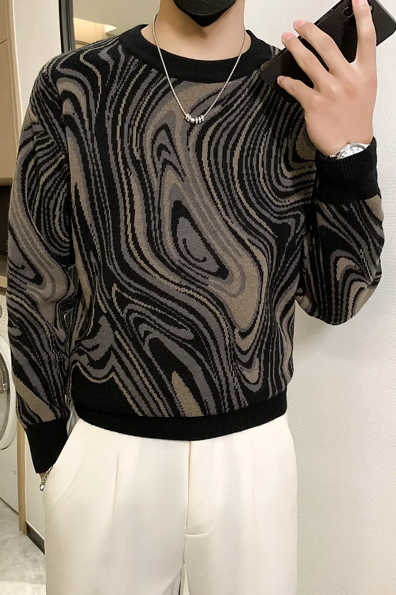 Мужской модный свитер с длинным рукавом и круглым вырезом географическим узором