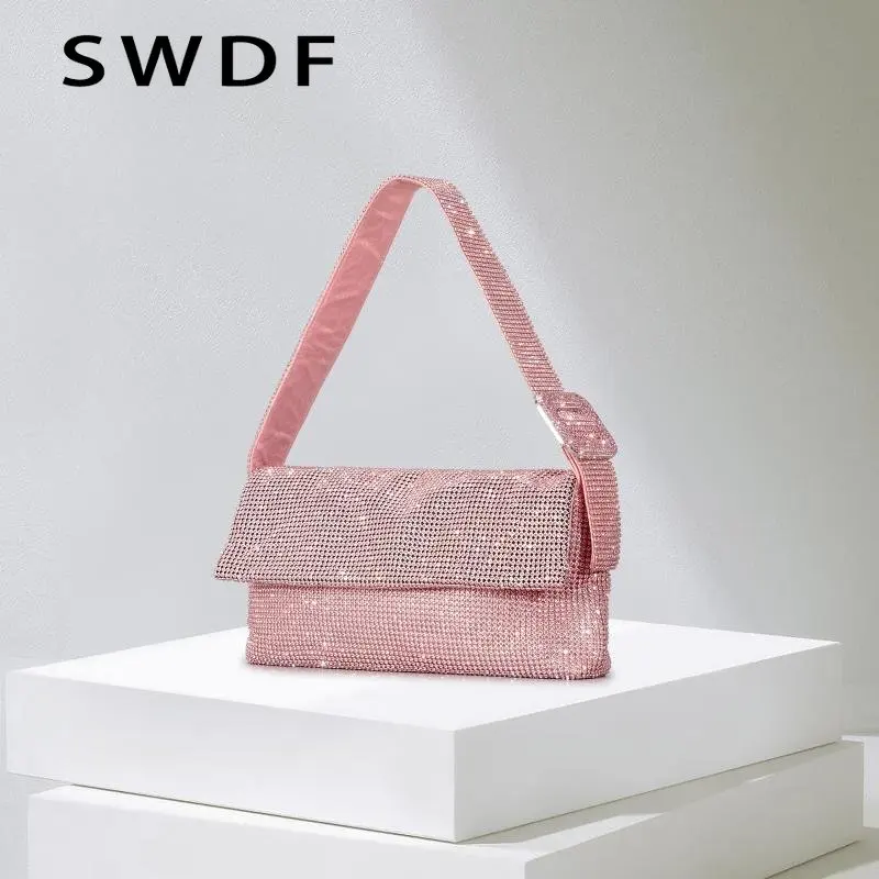 

Роскошные женские сумки на плечо, дизайнерские женские сумки с алмазным клапаном, блестящие вечерние женские кошельки с сеткой и кристаллами, 2023