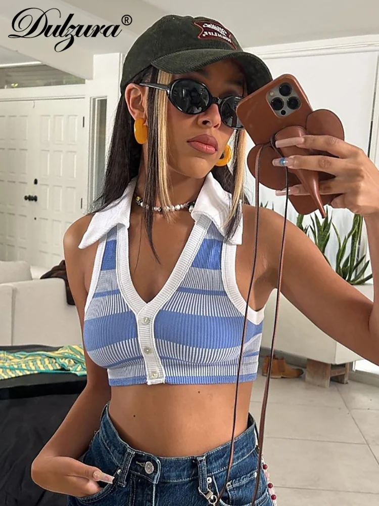 

Dulzura Stripe Ribbed Women Turn Down Collar V Neck Crop Top Tanks Y2K Preppy Clothes Streetwear Casual Cute Summer Wholesale