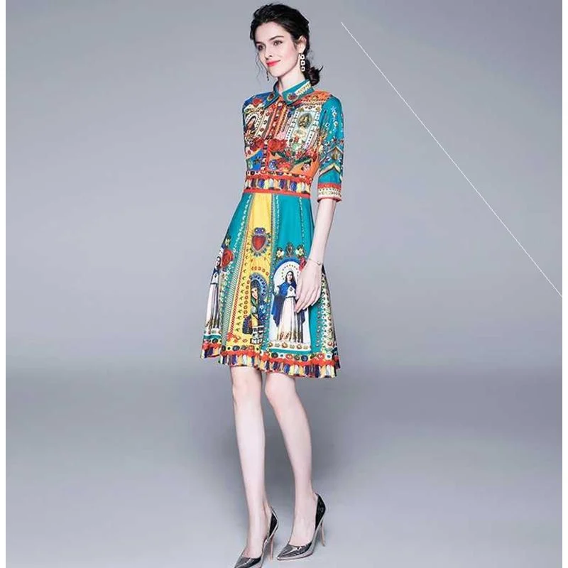 

Elegant Lapel Printing Button Office Work Dresses 2022 Summer Women Half Sleeve Virgin Mary High Waisted Slim Robe Femme Ete