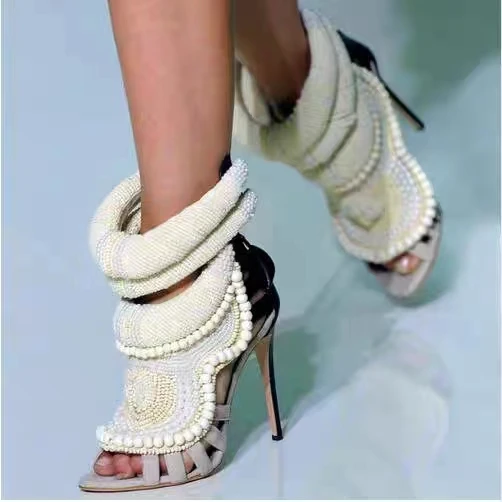 

Handmade Pearl High Heel Sandals Wedding Brand Women Stilettos Sexy Ankle Complicated String Fashion Party Prom Summer Shoes