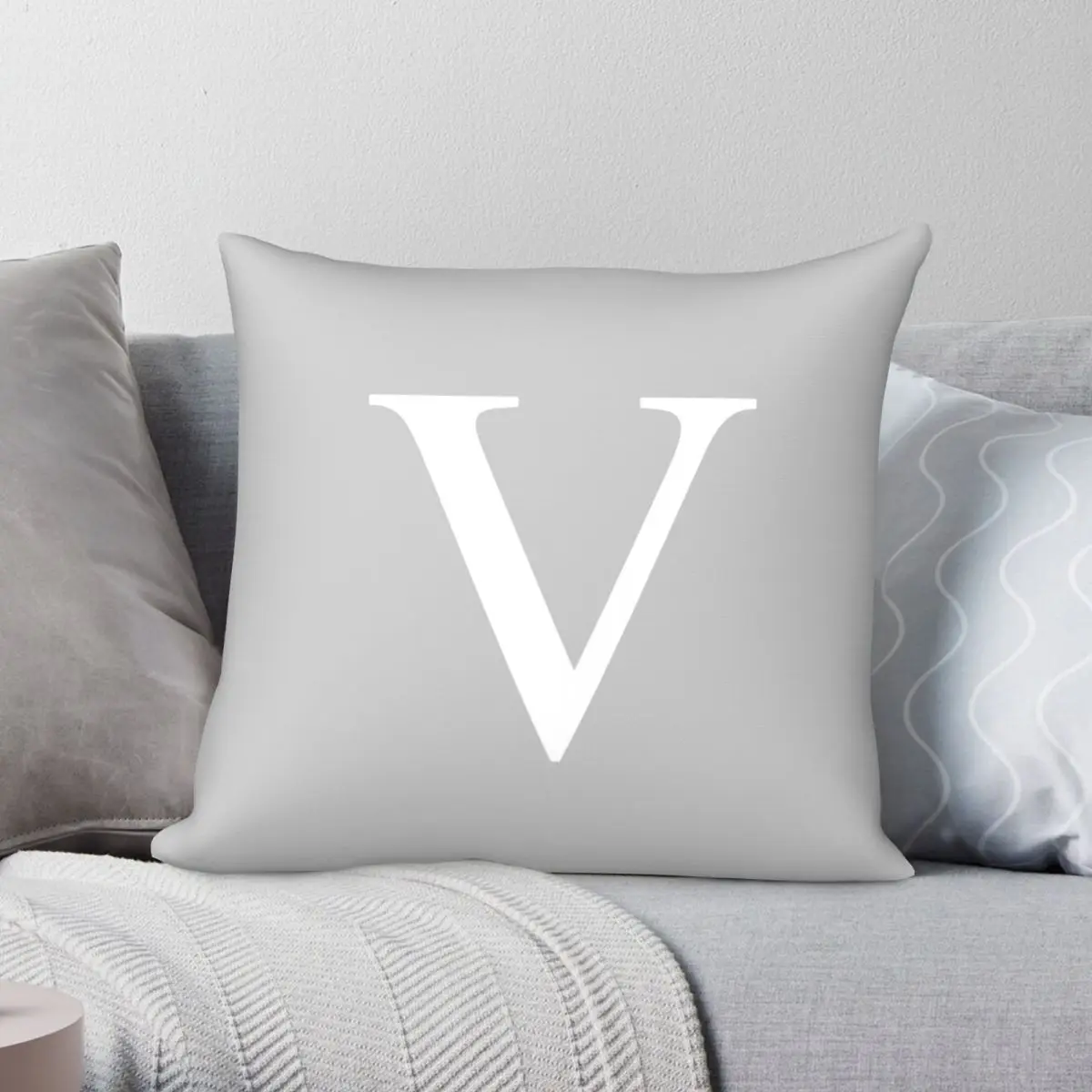 

Silver Gray Basic Monogram V Square Pillowcase Polyester Linen Velvet Printed Zip Decor Pillow Case Car Cushion Cover