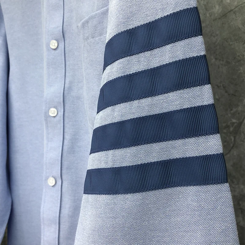 TB Man Shirt Fashion Shirt Single-sleeved Oxford Blue Casual Business Slim-fit Lapel Single-breasted Shirt College Student Dress