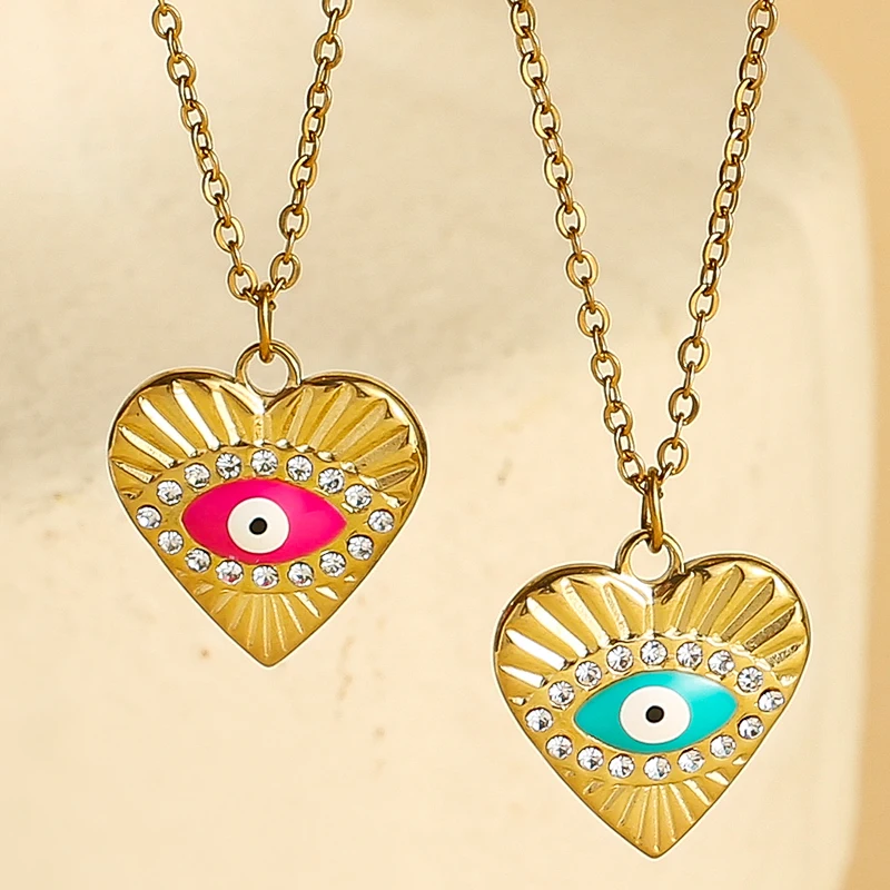 

Heart Shaped Colorful Enamel Pendant Necklace for Woman Zircon Eye Shaped Charm Pendant Necklace Fashion Jewelry Gift Party