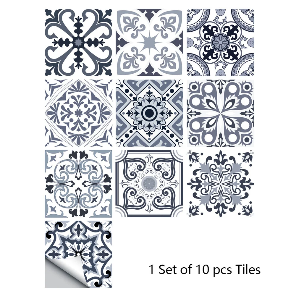 

10PC 10/15CM Wall Sticker Ceramic Style Gray Floral Tile Sticker Self-adhesive Waterproof Wallpaper For Kitchen Bathroom Cabinet