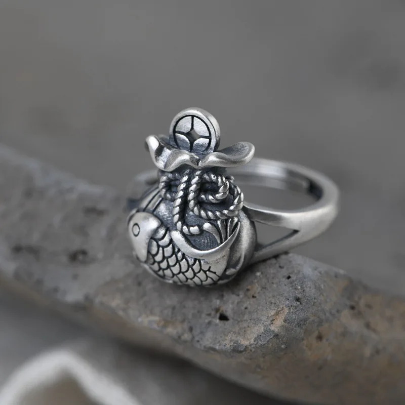 

Vintage Women's Ethnic Style Carp Ring Silver Color Open Ring Banquet Jewelry Accessories Gift
