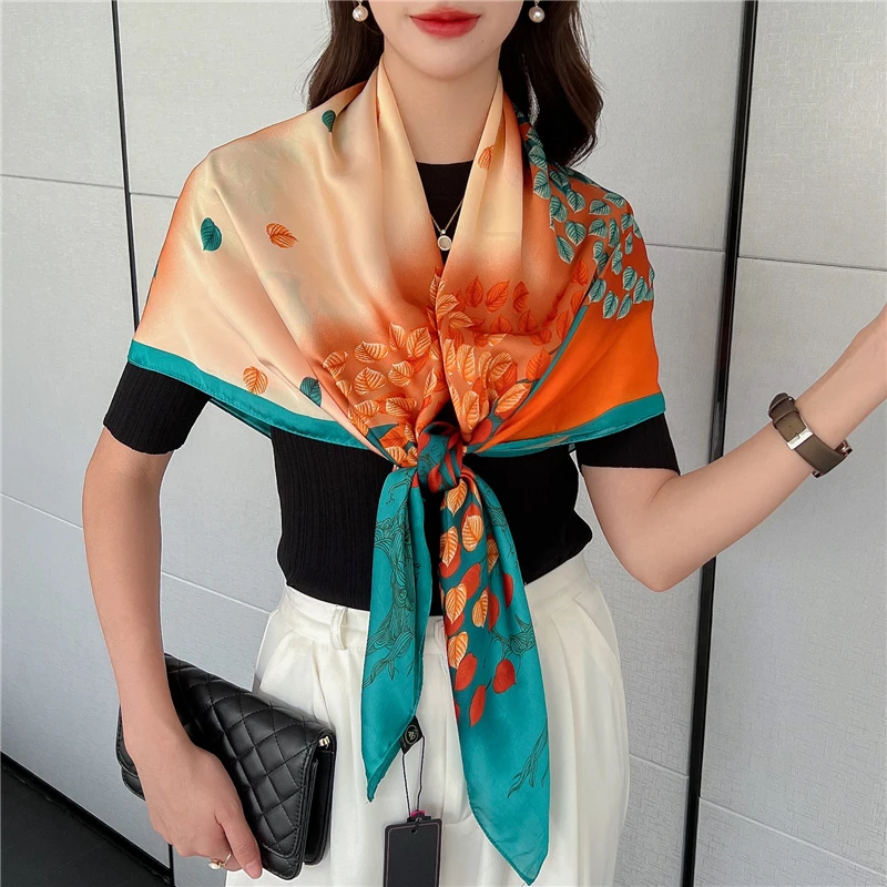 

Luxury Large Shawl Silk Square Scarf Women Fashion Headband 2022 New Sunscreen Bandana Wrap Hijab 110cm*110cm Headscarf Foulard