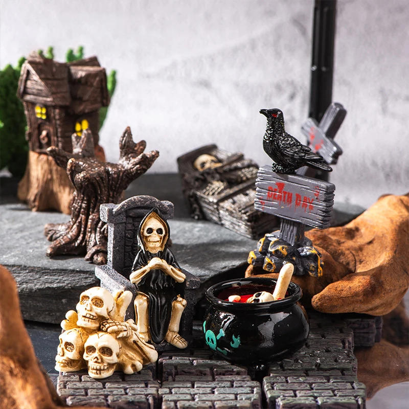 Мини 3D ужас Хэллоуин Ворон надгробный камень череп Серия Смола на Кукольный дом