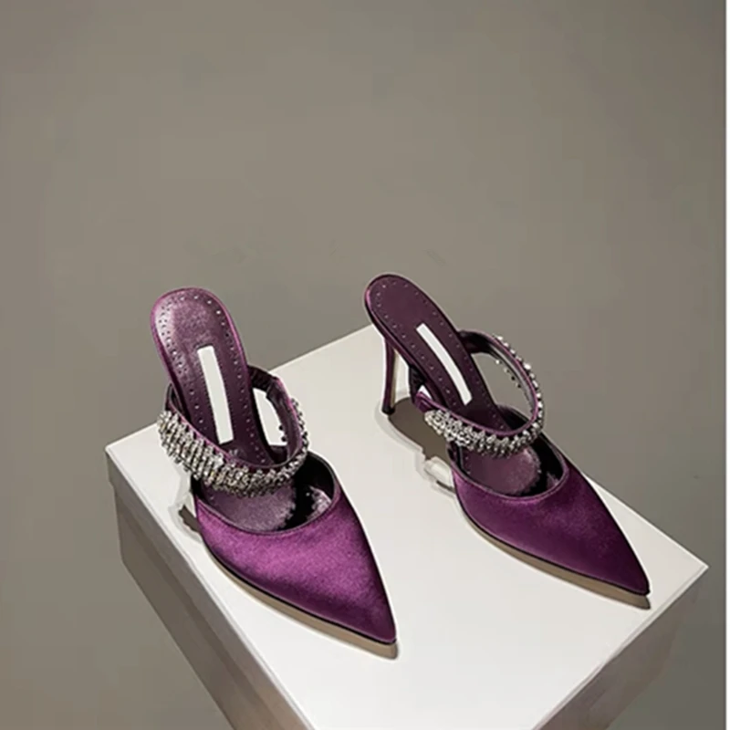European and American women's new high heels rhinestone satin pointed toe shoes
