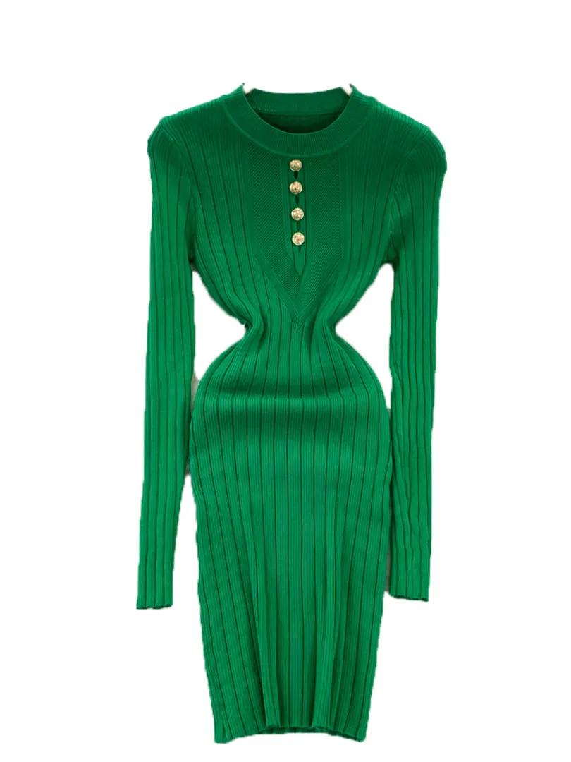 

Женское трикотажное платье-свитер с круглым вырезом и длинным рукавом