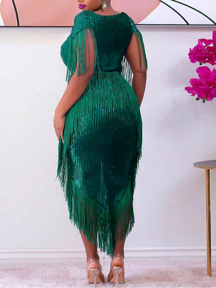 

Summer Women Party Prom Dresses Sequin Tassels Midi Bodycon Dress Sexy Luxury Irregular Tunics Evening Birthday Outfits 2022 4XL