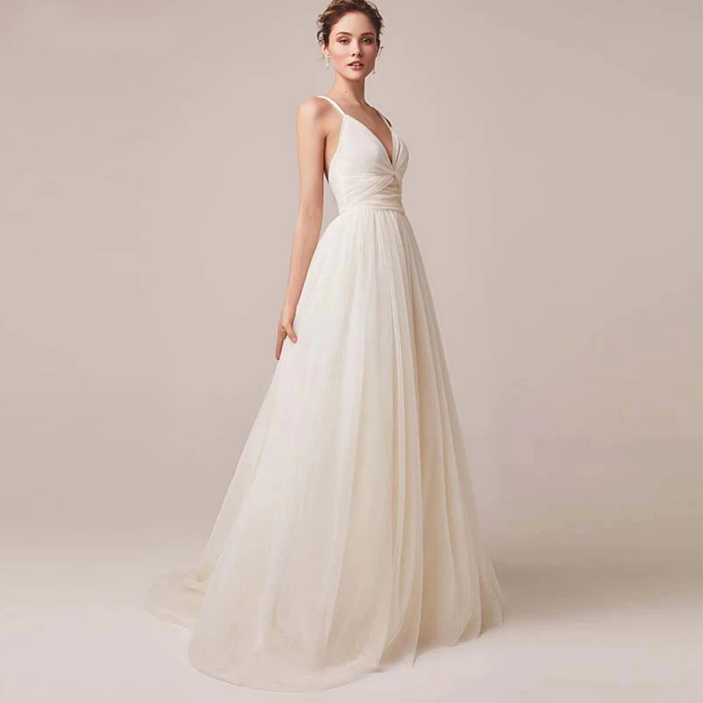 

Civil Sleeveless Wedding Dress Spaghetti Straps V-Neck Tulle Bride Formal Gowns Pleat A-Line Backless Bridal Marriage Robe