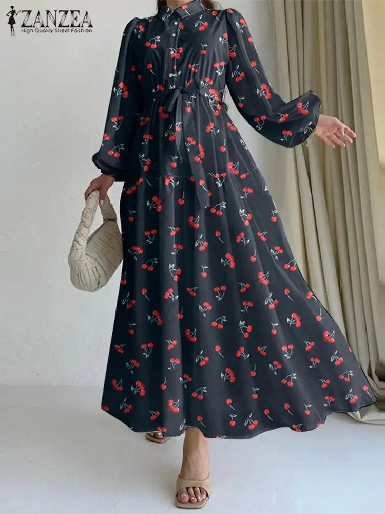 

Платье ZANZEA женское длинное с поясом, элегантное Бандажное богемное модное с принтом вишни, с пуговицами и воротником с лацканами, весна 2023