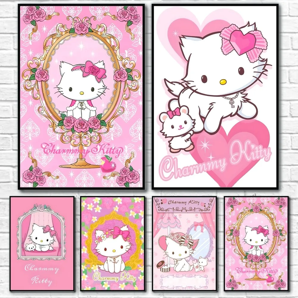 CharmmyKitty Cartoon Cute Poster Sticky Wall Art Printing Waterproof Home Living Bed Room Bar Aesthetic Decor