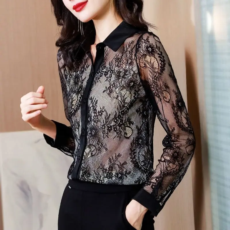 Women's Clothing Sexy Black Shirt Floral Gauze Hollow Out Tops Korean Fashion Elegant Stylish Chic Blouse Summer Casual Tops