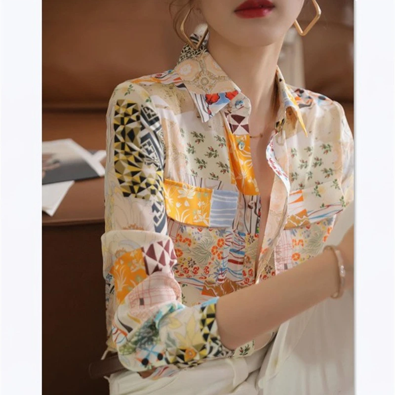 

Женская шелковая блузка с цветочным принтом, приталенная блузка с длинным рукавом и отложным воротником в Корейском стиле, Новинка лета 2023
